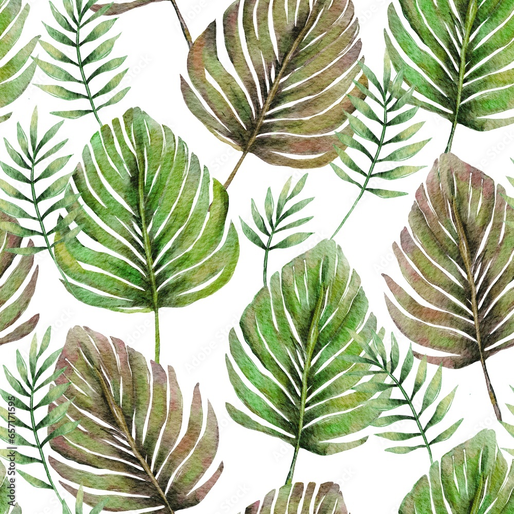 Tropical botany monstera palm watercolor drawing seamless pattern. Jungle exotic paradise leaf background