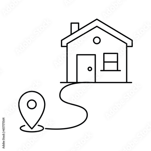Property Navigation, House Location. The route icon with a map pin and a house signifies efficient navigation to locate a specific property and its precise location Icon