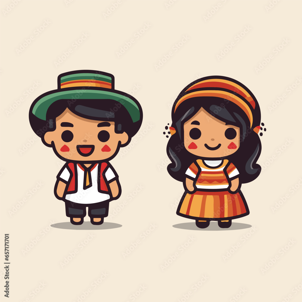 Cute cartoon girl and boy in traditional costume. Vector illustration.