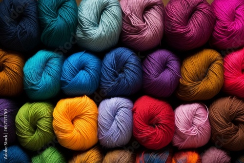 Yarns in diverse colors forming a complete color spectrum from an aerial view, consisting of knitting thread and fiber skeins. Generative AI