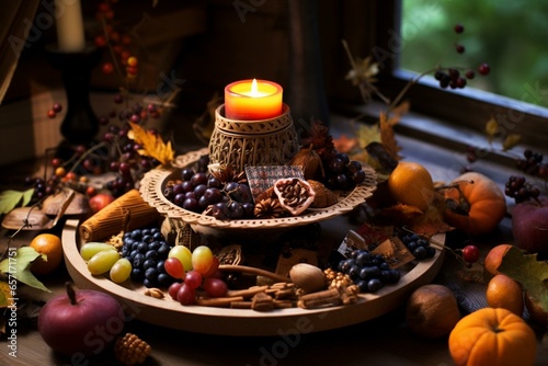 Anime-style autumnal forest altar with candle, fruits, nuts, berries, and leaves for Mabon Sabbat. Esoteric ritual. Generative AI photo