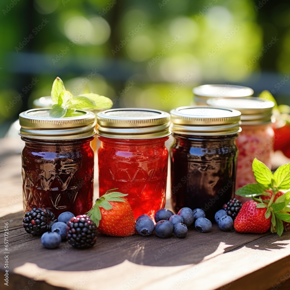 Assorted berry jams and spreads in mini mason jars. Assorted berry jams and spreads in mini mason jars.