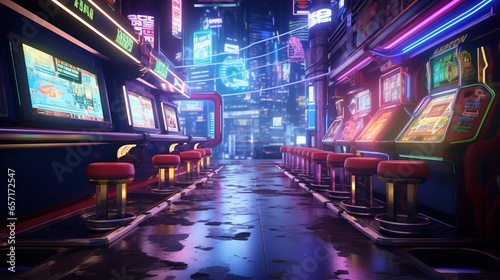 Generative AI, Cyberpunk style game bar or cafe. Night scene of big city, futuristic nostalgic 80s, 90s. Neon lights vibrant colors, photorealistic horizontal