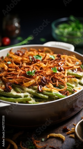 Decadent green bean casserole with crispy onions on top