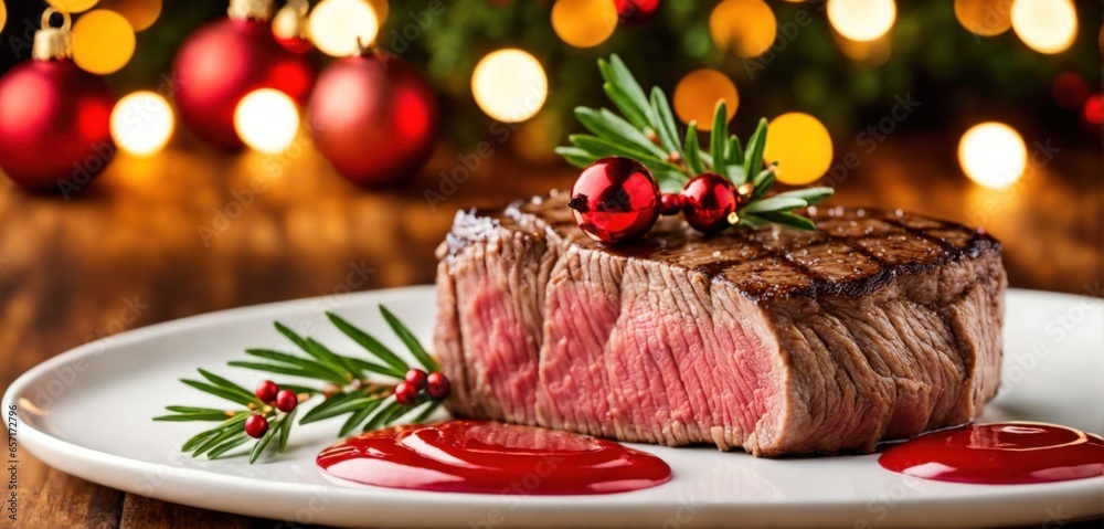 Steakhouse restaurant christmas meal. Closeup of a perfect medium roasted juicy steak, carefully arranged and decorated with christmas greens and ornaments