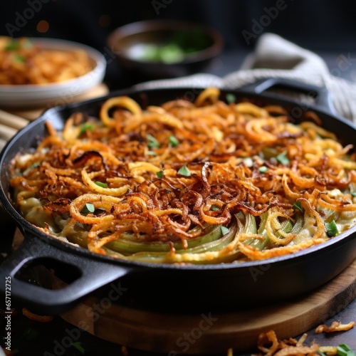 Decadent green bean casserole with crispy onions on top