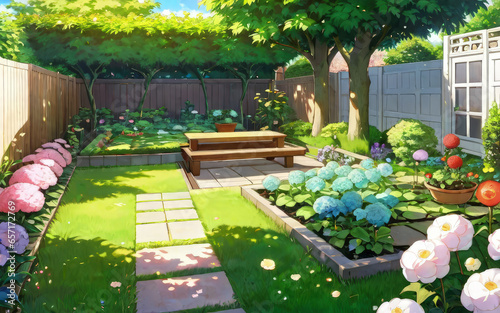 Anime Concept Background Beautiful Garden Environment With Assortment Plants And Blooming Flowers
