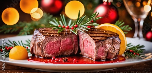 Steakhouse restaurant christmas meal. Closeup of a perfect medium roasted juicy steak, carefully arranged and decorated with christmas greens and ornaments