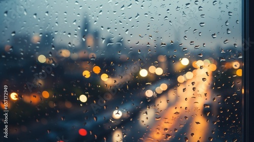 Raindrops on window with blurred cityscape in background