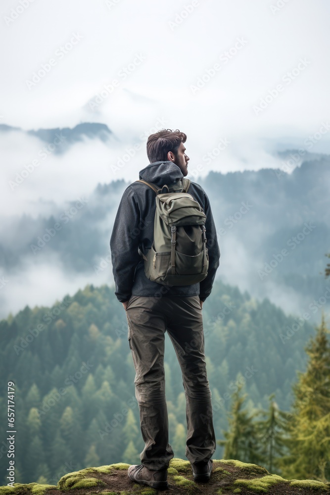 Vertical photo of a lonely man enjoys the view of the summer mountains while he standing on a mountain peak. Hiking and digital detox concept. Contemplation of nature alone with your thoughts. Vertical photo of a lonely man enjoys the view of the summer mountains while he standing on a mountain peak. Hiking and digital detox concept. Contemplation of nature alone with your thoughts.