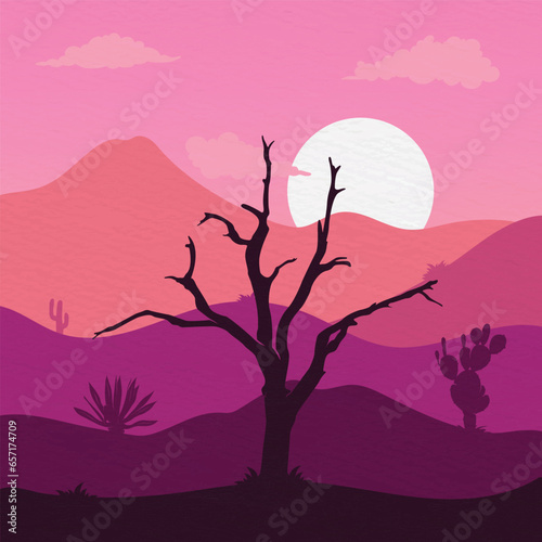 Background Landscape illustration of Desert with Desert plants, desert trees, cactus, coconut tree, palm, Century plant, Thompson yucca, prickly pear.
