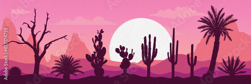 Background Landscape illustration of Desert with Desert plants, desert trees, cactus, coconut tree, palm, Century plant, Thompson yucca, prickly pear.
