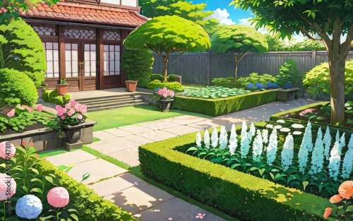 Anime Concept Background Beautiful Garden Environment With Assortment Plants And Blooming Flowers