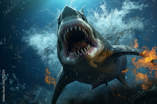 A terrifying zombie shark leaps out of the sea during Halloween. Generative AI