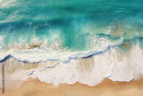 Bird's-eye view of a stunning sea with turquoise waves gently caressing a sandy beach. Generative AI