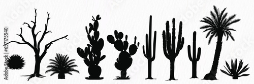 Silhouette set of Desert plants, desert trees, cactus, coconut tree, palm, Century plant,  Thompson yucca, prickly pear.