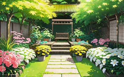 Anime Concept Background Beautiful Garden Environment With Assortment Plants And Blooming Flowers
