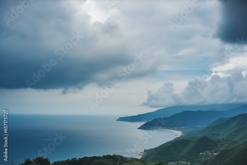 Scenic vista of cloudy sky, sea, and mountains. Generative AI © Ibrahim