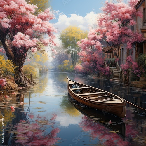  beautiful spring flowers, the the background gondola photo