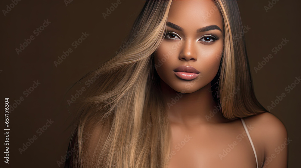 Beautiful African American woman with dyed and straight hair. Beauty of afro black girl with bob smooth hairstyle and toning. Keratin straightening. Treatment, care and spa procedures. - obrazy, fototapety, plakaty 
