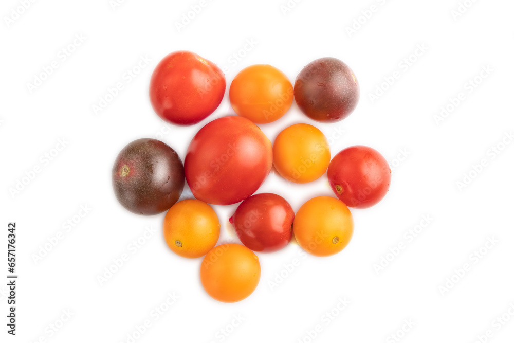 Red. yellow tomatoes isolated on white. Top view. Red. yellow tomatoes isolated on white. Top view.
