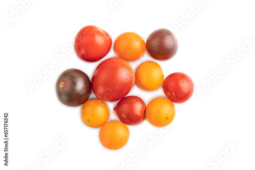 Red. yellow tomatoes isolated on white. Top view.
