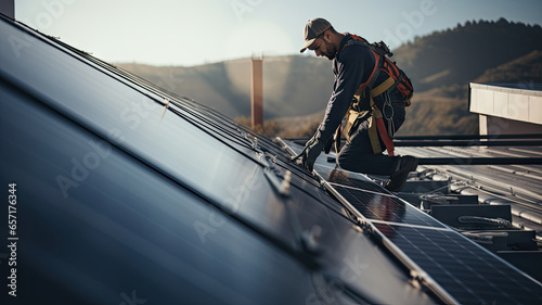 Engineer installing the solar panels on the rooftop with landscape background photo