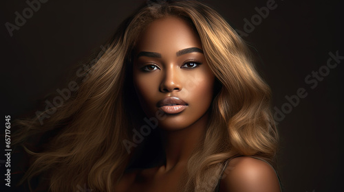 Beautiful African American woman with dyed and straight hair. Beauty of afro black girl with bob smooth hairstyle and toning. Keratin straightening. Treatment, care and spa procedures.