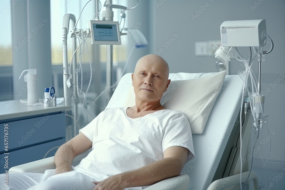 Middle aged man in the intensive care ward. Cancer and chemotherapy. Timely examination. Detection of the disease at an early stage and successful treatment. Middle aged man in the intensive care ward. Cancer and chemotherapy. Timely examination. Detection of the disease at an early stage and successful treatment.