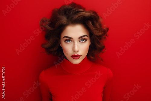 Portrait of beautiful woman model in a red background