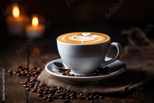 Coffee in cup on wooden table in cafe with lighting background