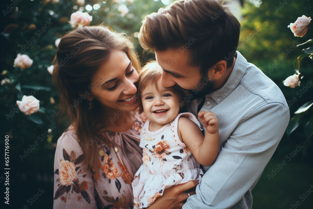 Family and lifestyles concept. Happy young family lifestyle portrait. Family members spending time together. Generative AI Family and lifestyles concept. Happy young family lifestyle portrait. Family members spending time together. Generative AI