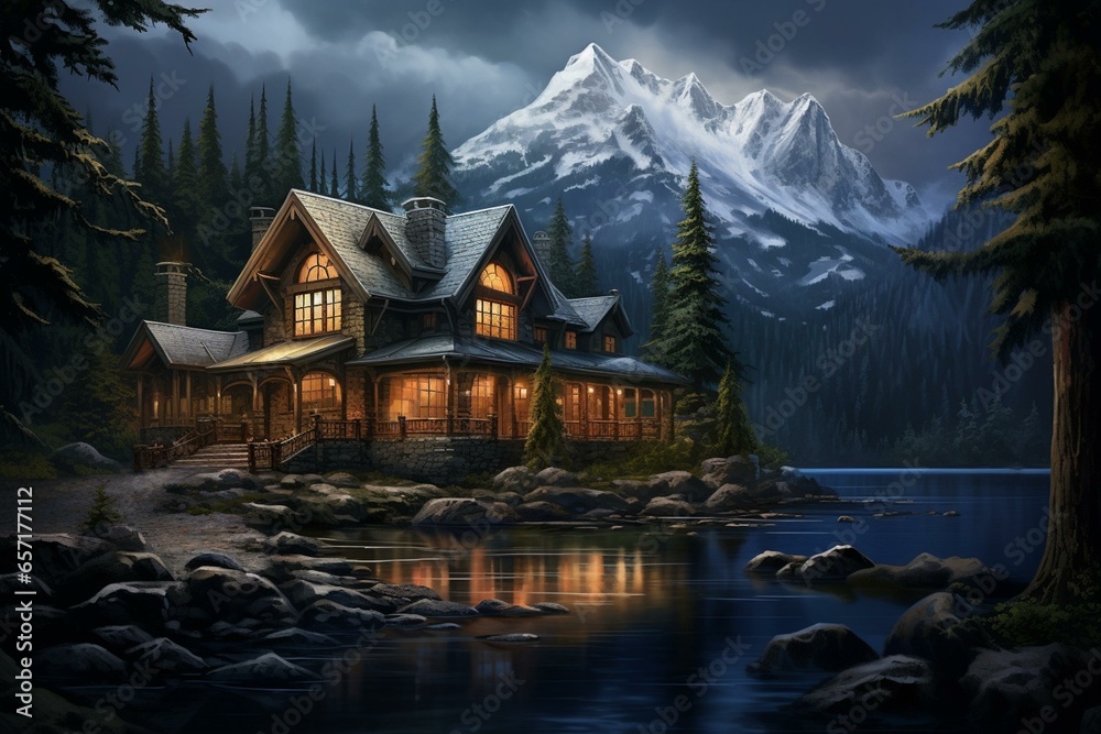 A picturesque lake house embraced by snow-capped peaks, lush trees, moonlit skies, and cloudy ambiance. Generative AI
