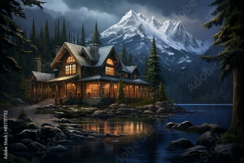 A picturesque lake house embraced by snow-capped peaks  lush trees  moonlit skies  and cloudy ambiance. Generative AI