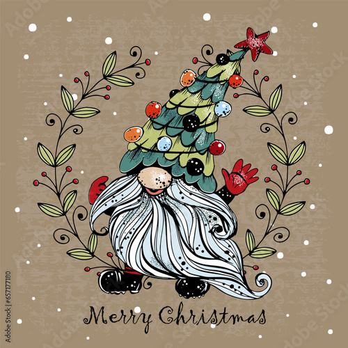 Cute Christmas gnome with gifts in Doodle style. Greeting card. Vector.