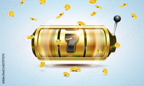 Slot machine with golden coins. Lucky seven on slot machine. Vector illustration.