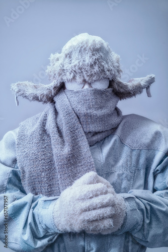 A frozen man with his hands clasped all bundled up in a fur trappers hat, scarf, parka and knit gloves, covered in snow and frost.