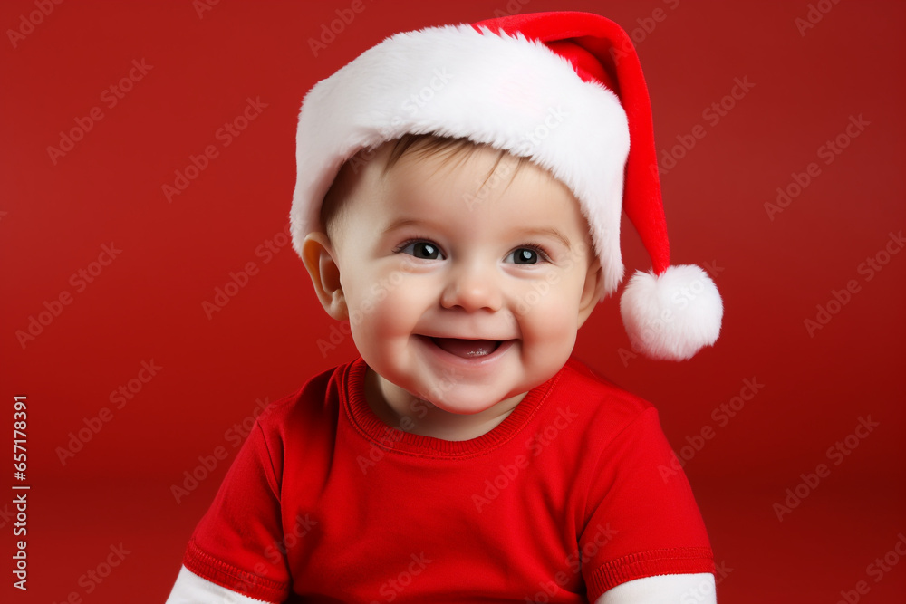 Smiling baby wearing a santa claus hat