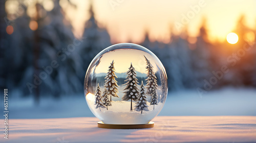 Beautiful Christmas decoration, a snowy glass ball in the forest covered with snow