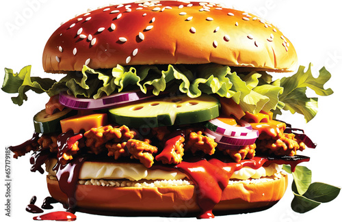 Delicious Burger sandwich with beef, tomato, onion and fried bacon 
