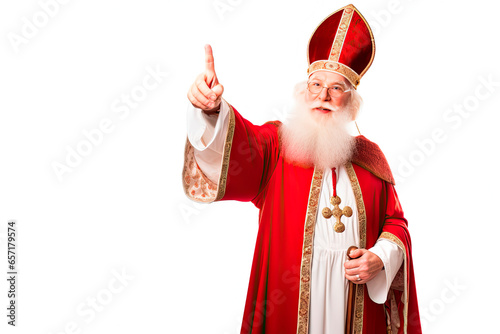Sinterklaas or saint Nicholas pointing isolated on white background. Dutch character of Santa Claus