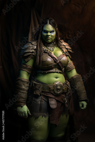 Orc warrior woman with green skin, realistic illustration