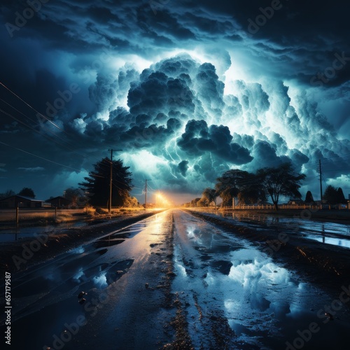 Dramatic atmosphere of cloudy weather and lightning striking urban and rural areas  great for winter  news  rain  storms  weather  blogs  wallpapers etc. Generative Ai Image