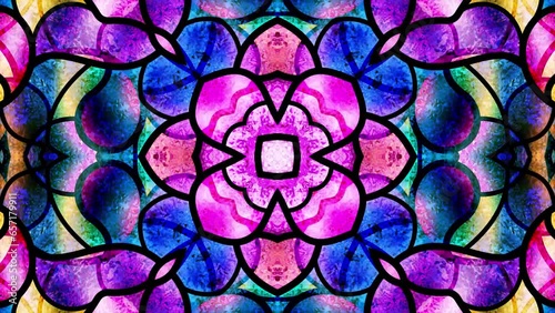 Christmas party background with stained glass window. Light. Seamless looping multicolor animation footage. Kaleidoscopic dynamic background. Dj loop. Optical illusions. Vj loops. Transformations. 4K