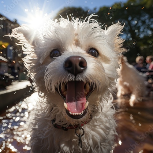 White Maltese in a Park during Midday looking at the Camera Excited! Hairy Dog with Opened Mouth Happy. Puppy ready to Play.