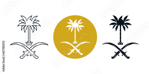 Date Palm Tree and Two Swords Kingdom of Saudi Arabia Logo Emblem. Line Hand Drawn Silhouette. Luxury Design Vector Icon Illustration