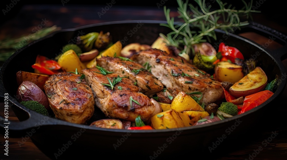 Close up of some Pieces of Meat over an Illuminated Surface. Meat mixed with various Vegetables. Coloful Composit. Close up of some Pieces of Meat over an Illuminated Surface. Meat mixed with various Vegetables. Coloful Composit.