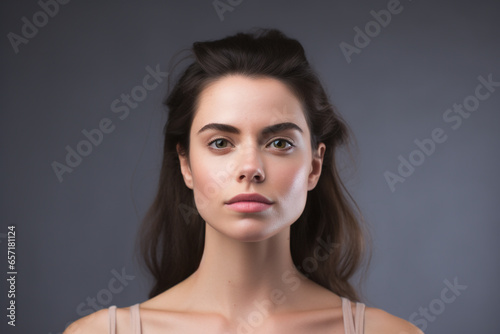 Beauty, make-up and style concept. Simply natural beautiful woman close-up studio portrait. Model looking at camera. Generative AI