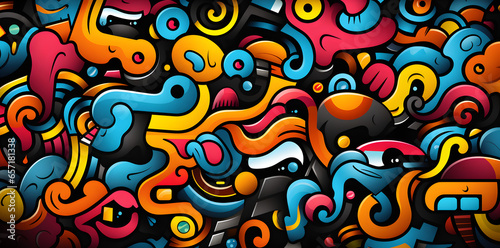colorful 90s style doodle pattern, in the style of black background, algeapunk, flickr, abstract non-representational shapes, digitally enhanced, letras y figuras, simplified shape © aldan