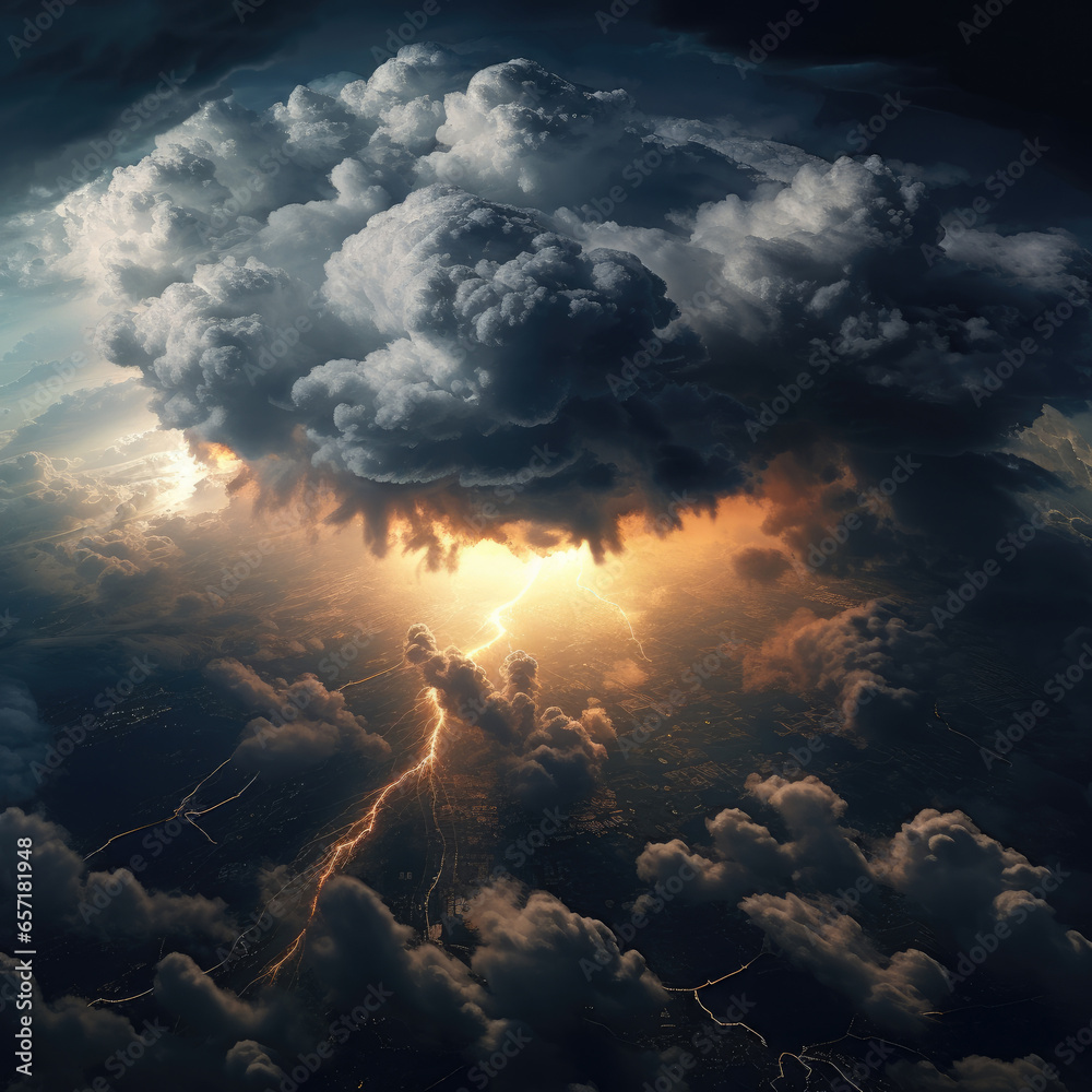 Fototapeta premium Lightning thunderstorm flash over the night sky. Concept on topic weather, cataclysms (hurricane, Typhoon, tornado, storm)